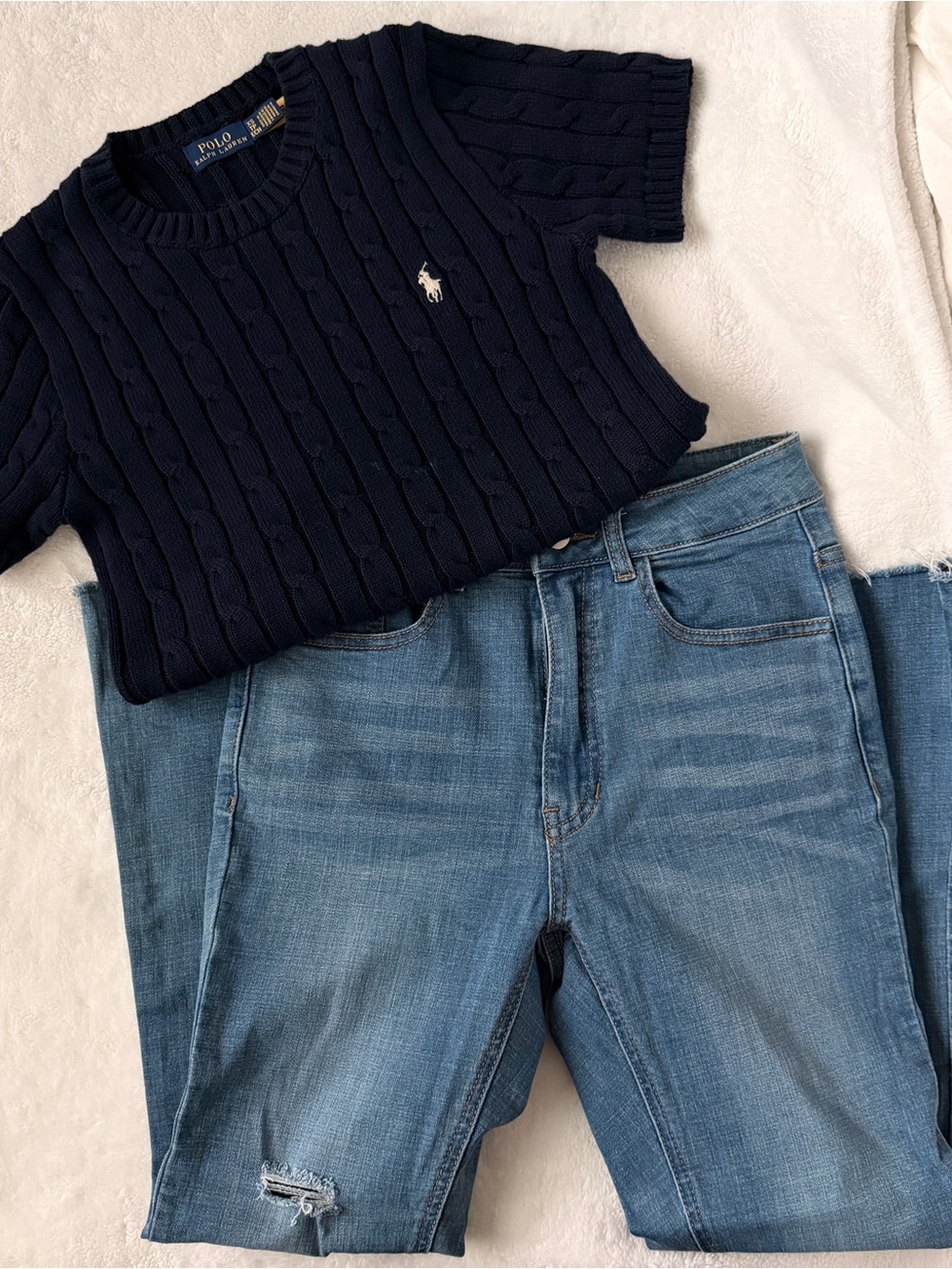 -top sold- Polo by Ralph Lauren Navy Cable Knit Top and Light Blue Jeans Outfit